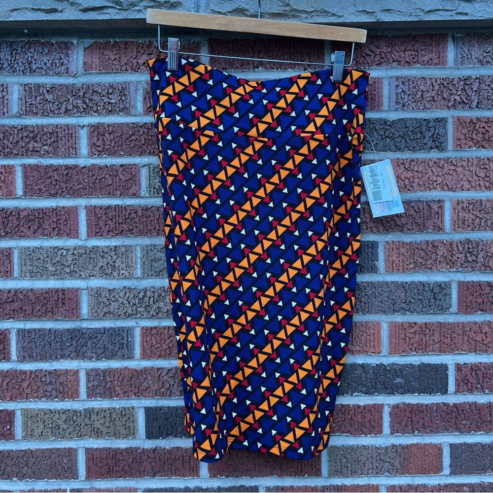 LuLaRoe Royal Blue and Orange Patterned Geometric High Rise Cassie Pencil Skirt